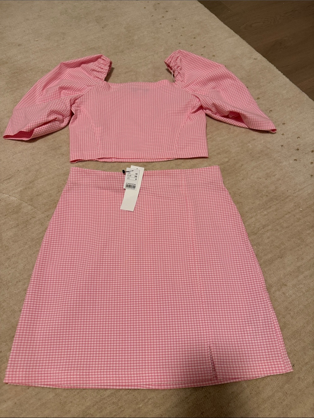 Topshop Pink Gingham Puff Sleeve Crop Top & Skirt Set